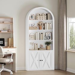 6-Tier Bookshelf, 74.6'' Farmhouse Arched Bookcase with Cabinet, Freestanding Engineered Wood Display Bookshelf, with Adjustable Shelves, for Living R