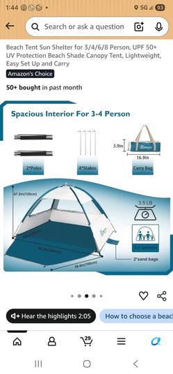 Beach Tent Sun Shelter UPF 50+ 3-4 Person