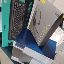 Computer Accessories (Headphones W Mic, Wireless Keyboard, & 2 Way Indoor Outdoor speakers)