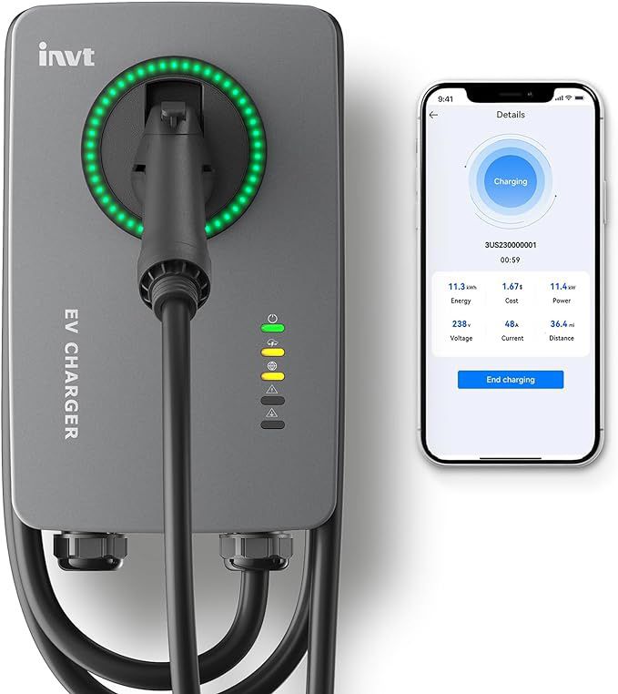 INVT Level 2 EV Charger, 240V 48 Amp Electric Car Charger, J1772 Hardwired EVSE, CSA/Energy Star, WiFi Bluetooth Enabled Indoor/Outdoor 24 Foot Cable