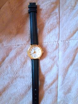 Gold-Tone Quartz Watch Black Leather Strap