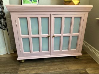 Blush Pink Accent Cabinet – Frosted Glass Doors, Gold Hardware