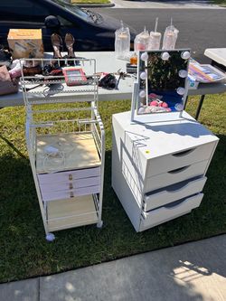 Jewelry storage cart, small vanity mirror, white wooden roller cabinet