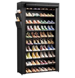 10-Tier Shoe Rack with Cover, Tall Shoe Shelf, 33" Wide, Black Large Capacity Shoe