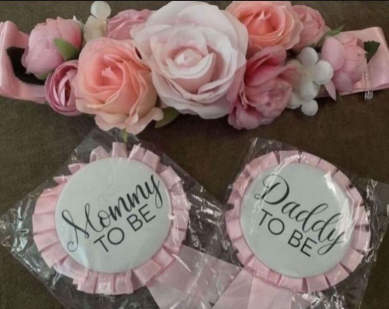 Pink Roses Baby Shower Party Corsage Sash Set