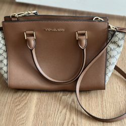 MICHAEL KORS Selma Medium Leather Crossbody Shoulder Handbag Brown/beige