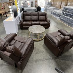 Brown Leather Recliner Couch and 2 Rocking Recliner Chairs