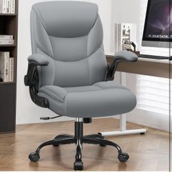 Leather Office Chair, Small PU Ergonomic Desk Chair, Comfy Computer Chair with Wheels and Flip-up Armrests, Adjustable Height Mid Back Executive Offic