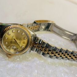 Rolex champagnegne, 26mmLADY Date-just/2tone18k-Yellow gold & Stainless steel jubilee bracelet/ Pure 18kYellow Gold Dial /Diamond Marks Ref#69173