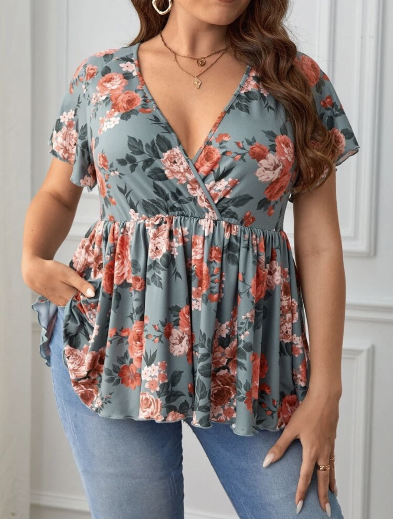 SHEIN 3XL(18) Clasi Plus Floral Print Surplice Neck Peplum Tee