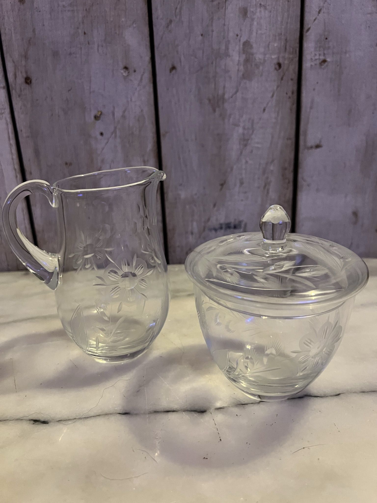 Princess House Heritage Edition Flower Etched Design Cream + Sugar Set w/ Lid 