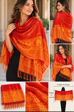 Red and Gold Jacquard Shawl Wrap with Fringe
