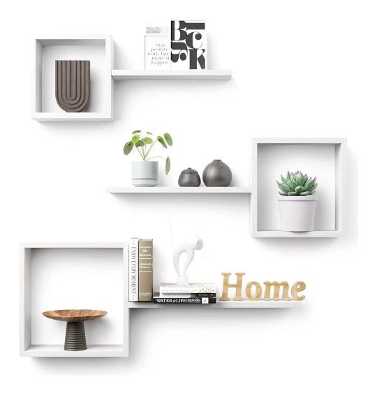 White 6 Wooden Square Floating Shelves Wall Mount - Set of 6 Cube Shelves Geometric Wall Decor