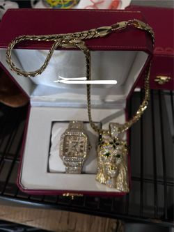 Gold Moissanite watch and iced out Jesus chain