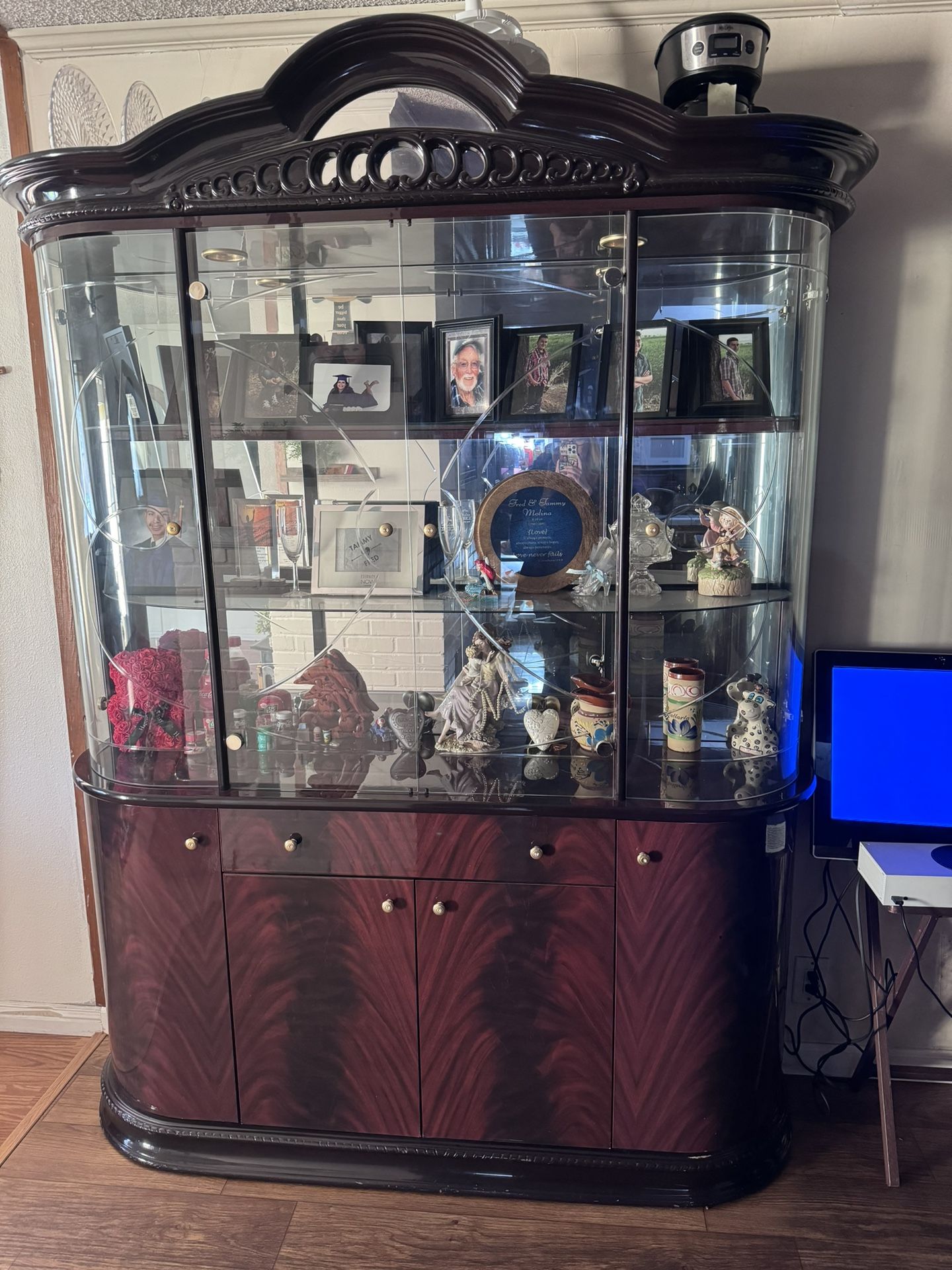3 Glass Shelf Curio With Draws And Under Curio Space
