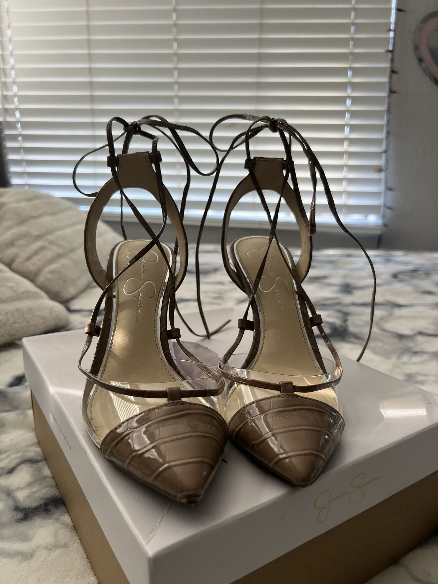 Jessica Simpson Brown/Clear snakeskin pumps