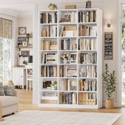 86" H Triple Wide Bookshelf and Bookcase, 7 Tier Tall Bookshelf with Storage, Large Bookcase with 21 Open Display Storage Shelves, Wood Book Shelf Med