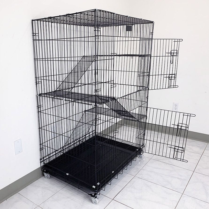 (New) $75 Folding 3-Tier Cat Cage 56” Tall Metal Kennel 36x24x56 inches, Tray & Caster 