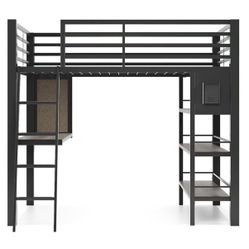 Loft Bed With Desk And Bookcase for sale. Full Size. Dark Gray. 