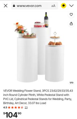 VEVOR Wedding Flower Stand, 3PCS 23.62/29.53/35.43 inch Round Cylinder Plinth, White Pedestal Stand with PVC Lid, Cylindrical Pedestal Stands for Wedd