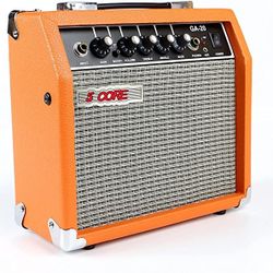 Electric Guitar Bass Amp 20 Watt Amplifier Built in Speaker Headphone Jack and Aux Input Includes Gain Boost Middle Treble Volume – Orange 5 Core