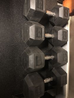 60 Lb Rubber Hex Dumbbells NEVER USED. Dumbbells are heavy, buyer must be able to haul alone or with helper