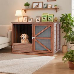 43" Foldable Indoor Dog Crate with 360° Rotating Feeder, Portable Dog House with Removable Tray, End Table with Dog Kennel for Small & Medium Dogs, Wa