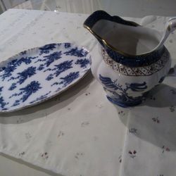 Blue &white English Pitcher.  plus snack Plate.  Woodland Hills,  CA.