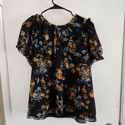 CeCe Black Floral Puff Sleeve Blouse XL