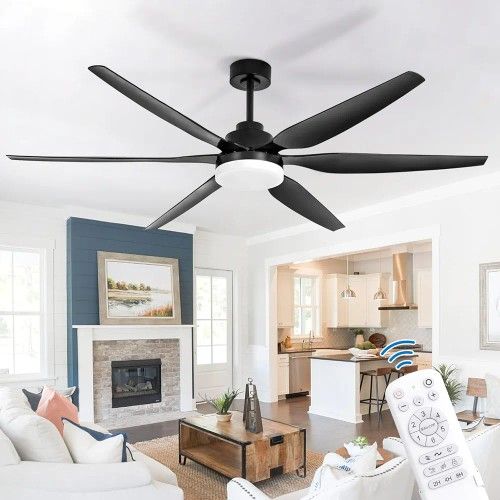 VACILL 65 inch Large Ceiling Fan with Light and Remote,6 Blades,Noiseless DC Motor,LED Light Dimmable,6 Speed Levels,Black