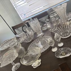30+ Piece Lot Vintage Crystal & Cut Glass Dishware Vases Quarts Clock Salt and Pepper Shakers
