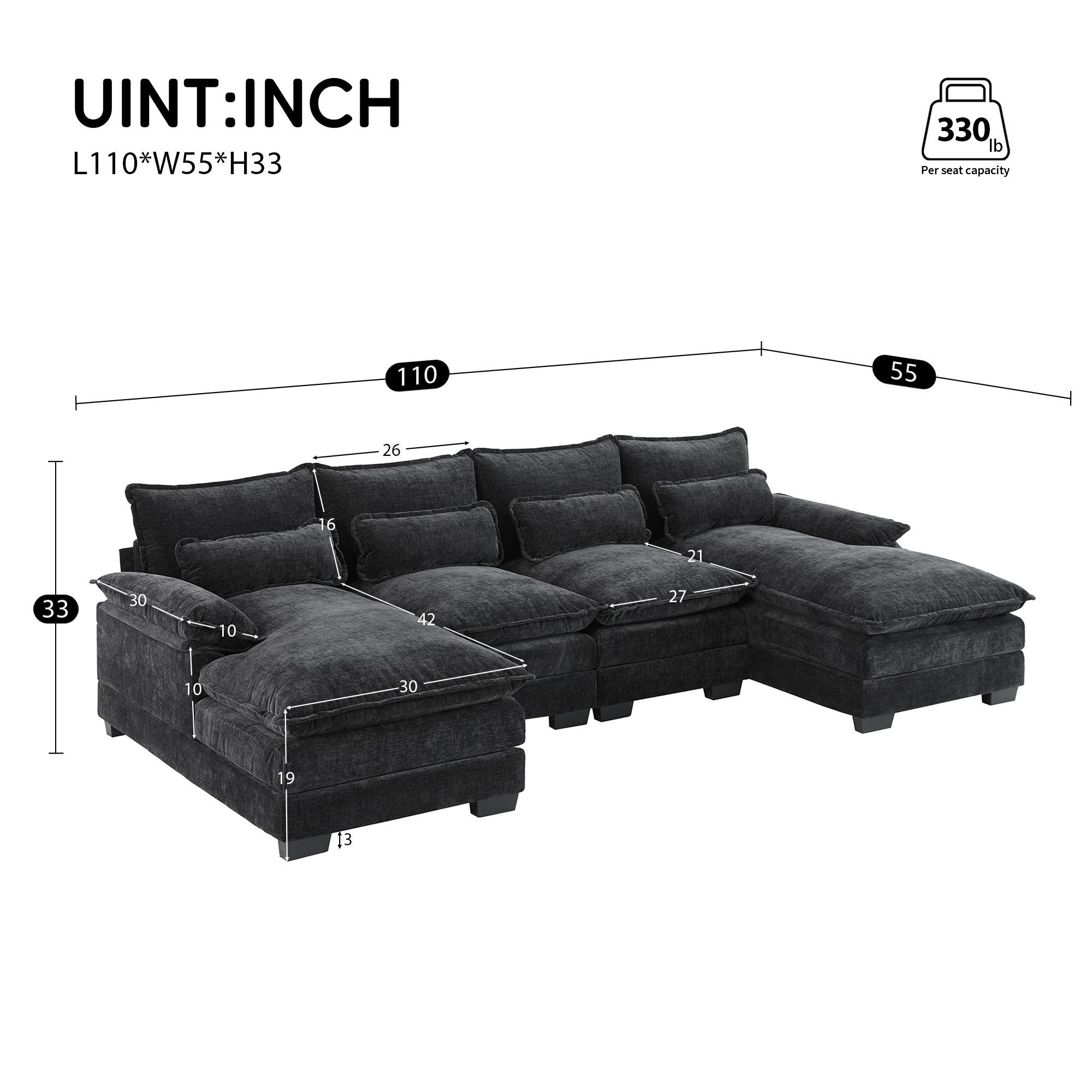 110*55 Modern Modular U-shaped Sectional Sofa with Waist Pillows,6 Seat Upholstered Symmetrical Indoor Furniture,Comfy Chenille Cloud Couch Set with C