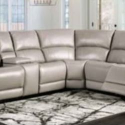 Brand New Light Gray Top Grain Leather Power Reclining Sectional Sofa