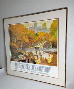 Vintage 90s Lithograph New York Marathon 1992 Framed Matted Dated 30" x 29"