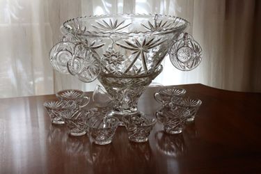 Cut Glass Punch Bowl Set with 14 Cups