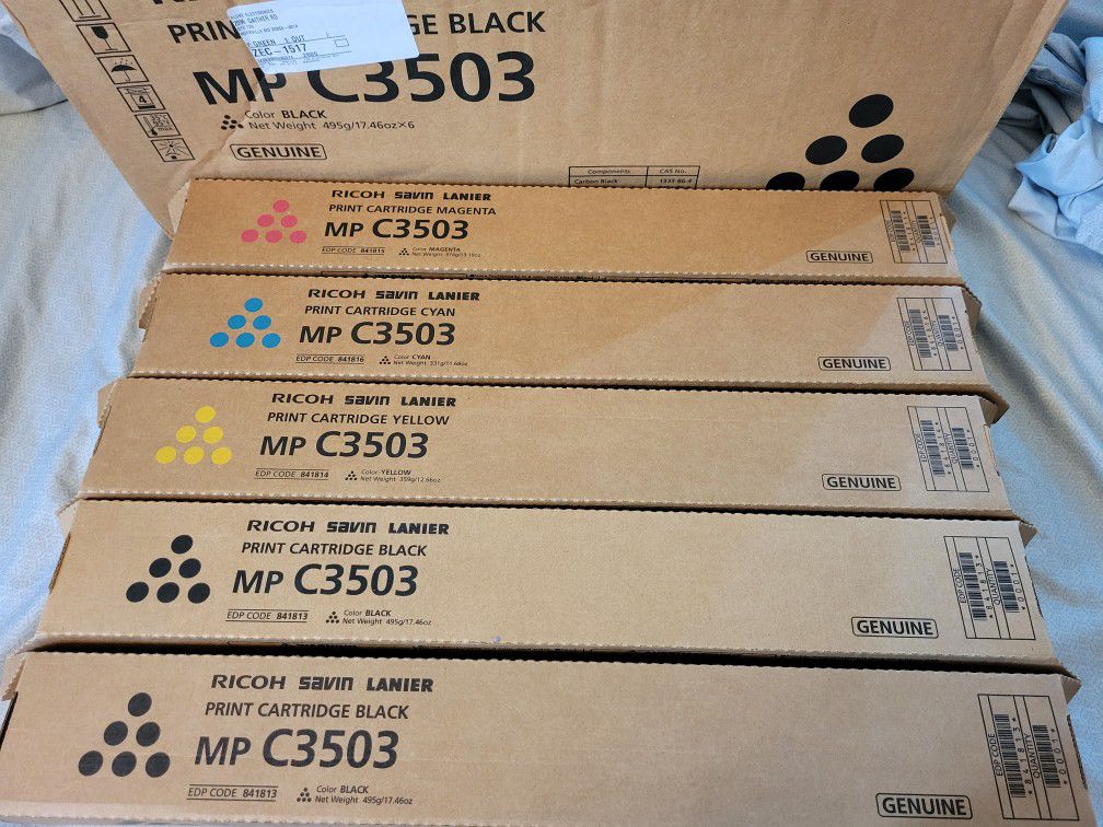 5 Ricoh Print Cartridges - MP C3005:   841813, 841814, 841815, 841816 Standard Yield Toner Cartridge Set

