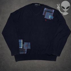 Polo Ralph Lauren Pima Cotton V-Neck Patchwork Pullover Sweater Men Size L Navy