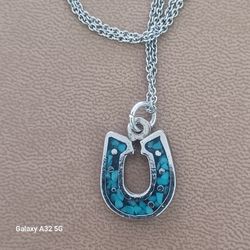 Vtg.Sterling Silver TURQUOISE " HORSESHOE" NECKLACE- 16 IN.