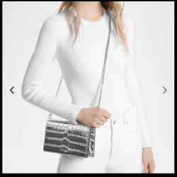 NEW Silver Croc-Embossed Crossbody Bag – Metallic Chain Shoulder Purse 