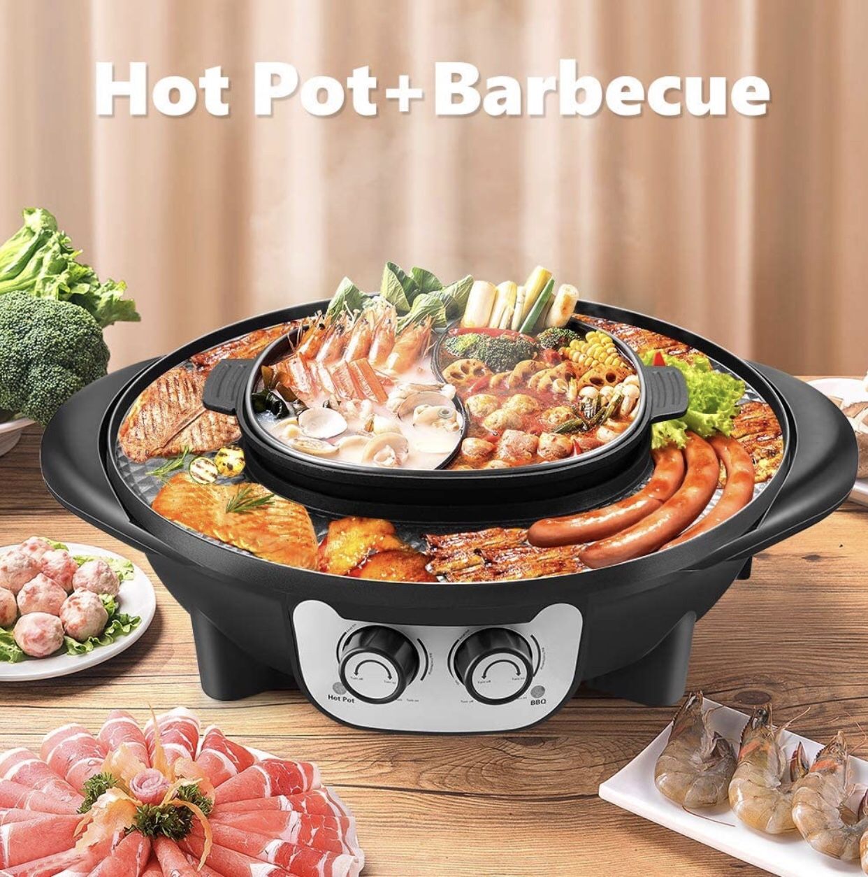 2 in 1 Portable Electric Grill Upgraded 2200W Electric Hot BBQ Pot for Indoor Outdoor Parties, Black