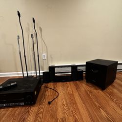 Onkyo Speakers Subwoofer Pioneer receiver And 4 Speaker Stands