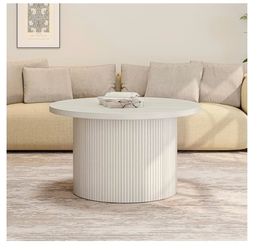 B81 $80  ONBRILL 31.5" Round Coffee Table, Tambour Design Coffee Tables for Living Room, Mid Century Modern Wood Coffee Table, Drum Accent Small Cente