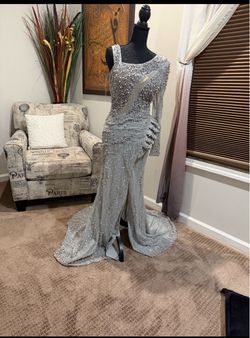 Silver Pearl Beaded Formal Gown with Train