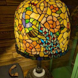 Antique 4 Peacock Stained Glass Table Lamp