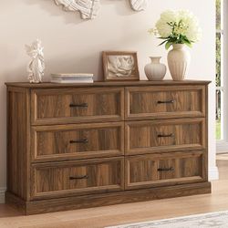 Farmhouse 6 Drawer Dresser for Bedroom, 55 Inch Wide Modern Walnut Dresser TV Stand with Large