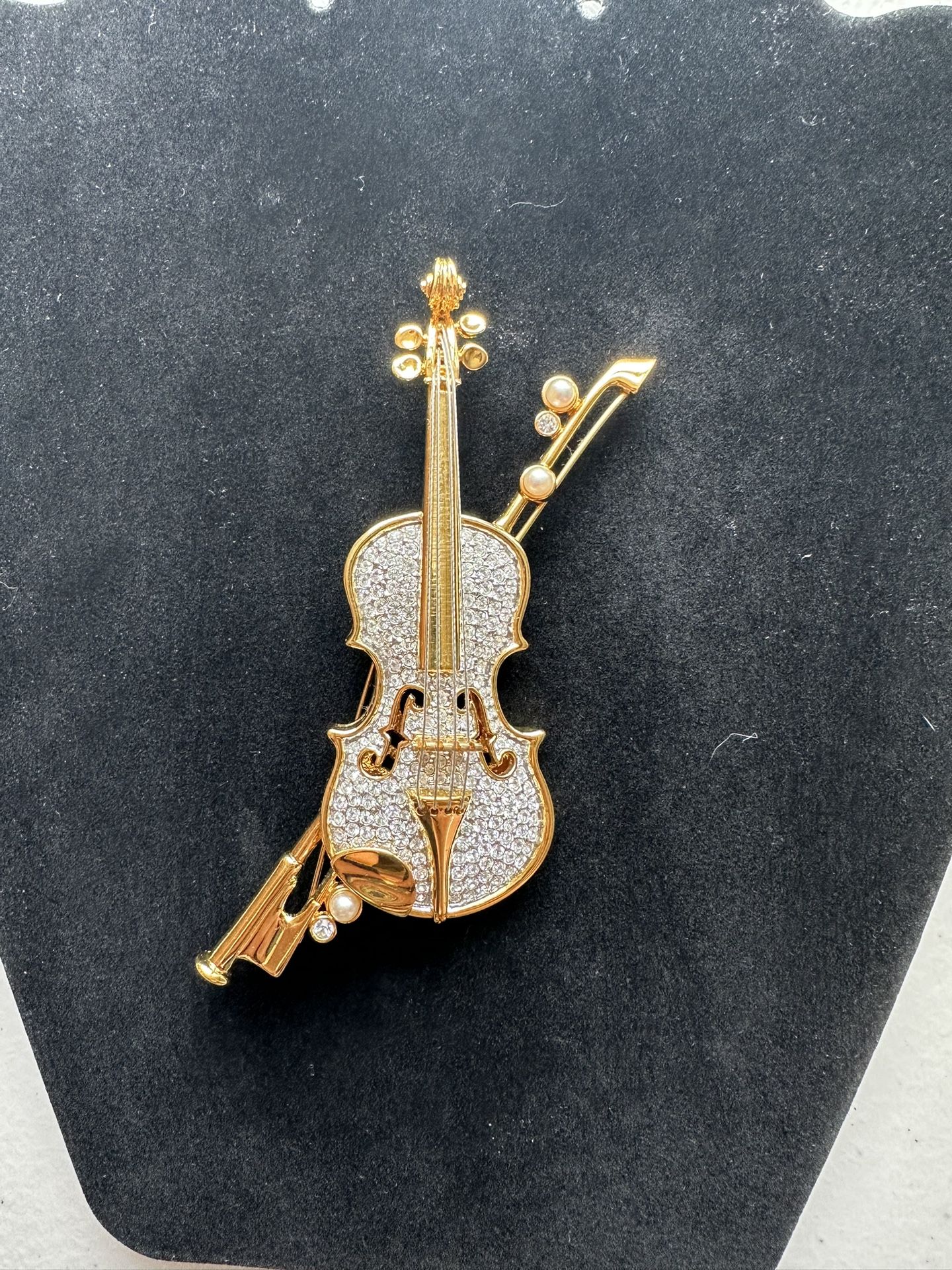 Swarovski Pave Crystal Violin Brooch Large Cello Viola Gold Tone Pin (C)