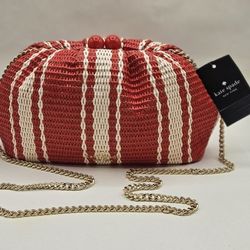 Kate Spade New York Scrunchy Convertible Clutch purse shoulder bag Striped Heirloom coral white stripe retro style New with tag with Gold chain strap 