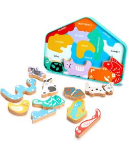 FAO Schwarz Puzzle Pets 3D Wooden Animal Shape Puzzle with Stand, 15-Piece Labeled Animal Puzzle, House-Shaped Frame, Developmental Stacking Toy Piece