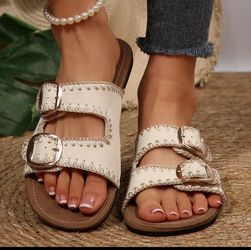 Women's Summer Slides Sandals Woven Braided Trim Flats Slippers Double Buckle Casual Shoes For Beach Resort Vacation Outdoor