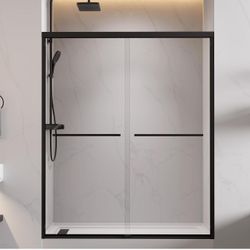 Shower Door Glass Sliding 56-60 in. W x 72 in. H, Semi-Frameless Double Sliding Bathroom Door with 1/4'' Clear Tempered Glass, Black Hardware Glass Sh